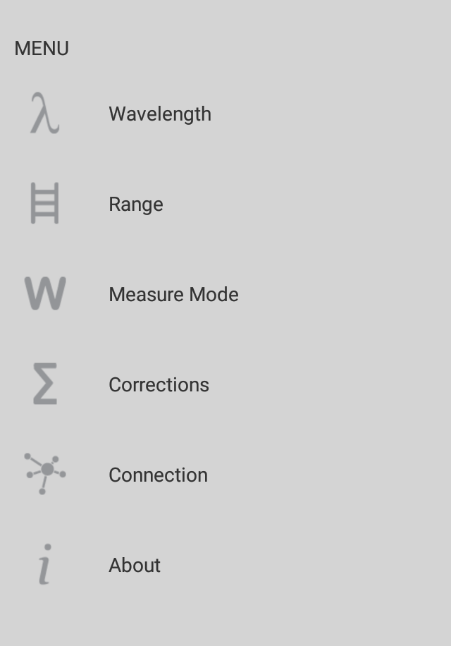 Меню приложения для работы с дететкорами измерения мощности и энергии Меню приложения для работы с дететкорами измерения мощности и энергии