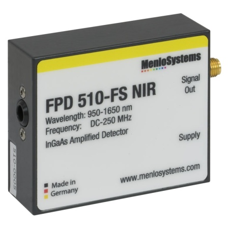 FPD510-FS-NIR - Высокочувствительный InGaAs pin-фотодетектор с усилителем, фиксированный коэффициент усиления, рабочий спектральный диапазон: 950-1650 нм, ширина полосы пропускания: DC - 250 МГц, площадь активной области: 0.07 мм2, крепления: M4, Thorlabs FPD510-FS-NIR - Высокочувствительный InGaAs pin-фотодетектор с усилителем, фиксированный коэффициент усиления, рабочий спектральный диапазон: 950-1650 нм, ширина полосы пропускания: DC - 250 МГц, площадь активной области: 0.07 мм2, крепления: M4, Thorlabs