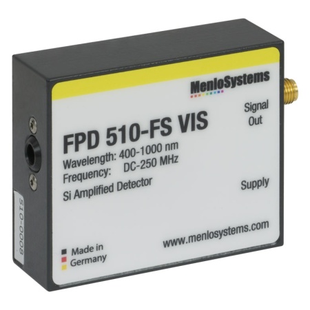 FPD510-FS-VIS - Кремниевый (Si) PIN детектор, постоянный коэффициент усиления, высокая чувствительность, рабочий диапазон: 400 - 1000 нм, ширина полосы пропускания: 250 МГц, 0.13 мм2, крепления: M4, источник питания, Thorlabs FPD510-FS-VIS - Кремниевый (Si) PIN детектор, постоянный коэффициент усиления, высокая чувствительность, рабочий диапазон: 400 - 1000 нм, ширина полосы пропускания: 250 МГц, 0.13 мм2, крепления: M4, источник питания, Thorlabs
