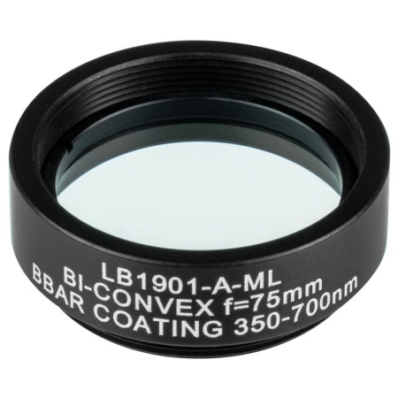 LB1901-A-ML - N-BK7 двояковыпуклая линза в оправе, Ø1", фокусное расстояние 75 мм, просветляющее покрытие: 350 - 700 нм, Thorlabs
